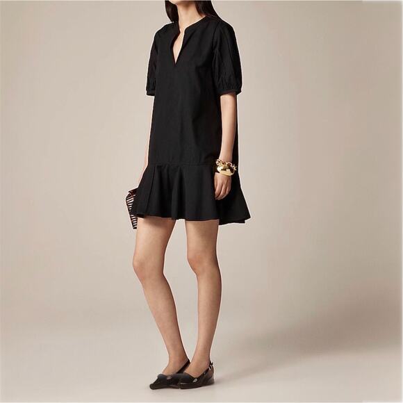 J.Crew Delilah Mini Dess Cotton Poplin Short Sleeves Vacation CJ494 Black FLAW L - Picture 1 of 16